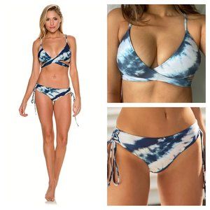 Billabong Indigo Tie Dye Print Bikini Set Wrap Top Strappy Bottom Size Large